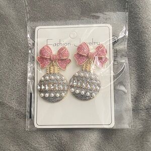 Pink and Silver Bow Dangle Earrings